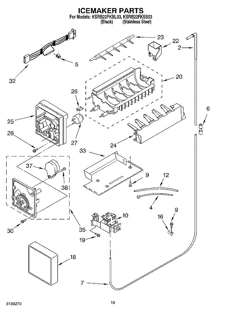 ICEMAKER PARTS Diagram and Parts List for KSRB22FKSS03  KitchenAid Refrigerator
