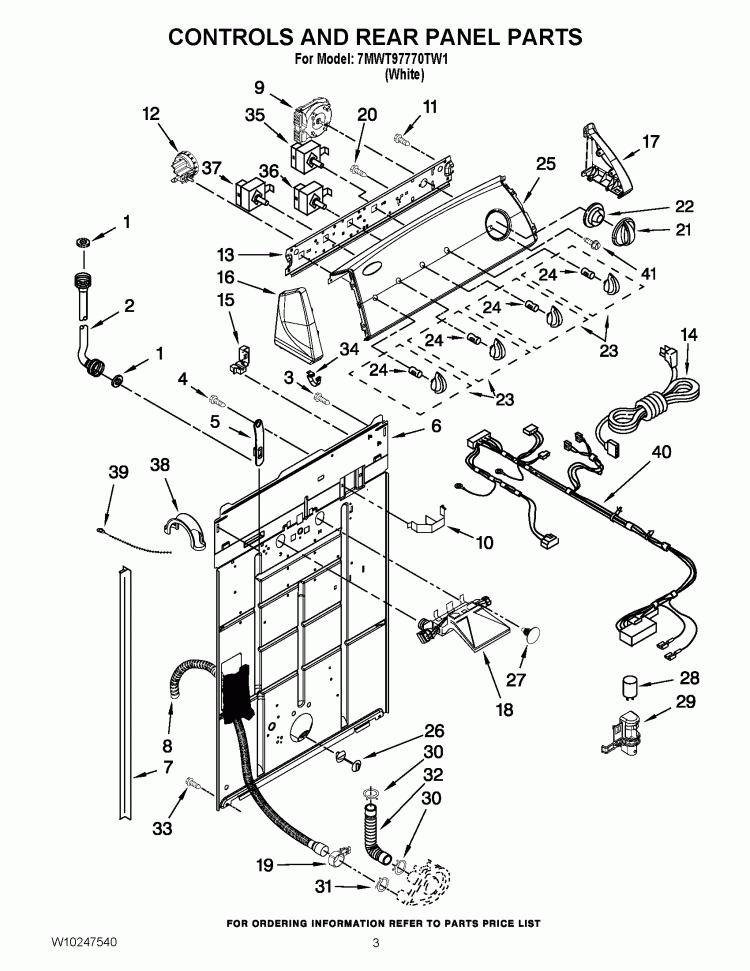CONTROLS AND REAR PANEL PARTS Diagram and Parts List for 7MWT97770TW1  Whirlpool Washer