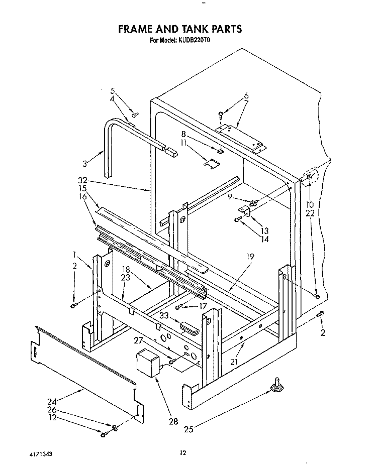 FRAME AND TANK Diagram and Parts List for KUDB220T0  KitchenAid Dishwasher
