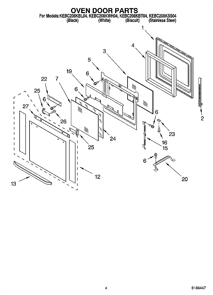 OVEN DOOR PARTS Diagram and Parts List for KEBC208KSS04  KitchenAid Wall Oven