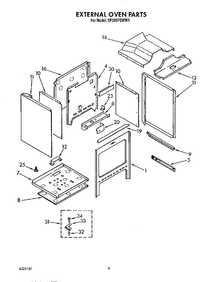 EXTERNAL OVEN Diagram and Parts List for SF395PEWW1  Whirlpool Range
