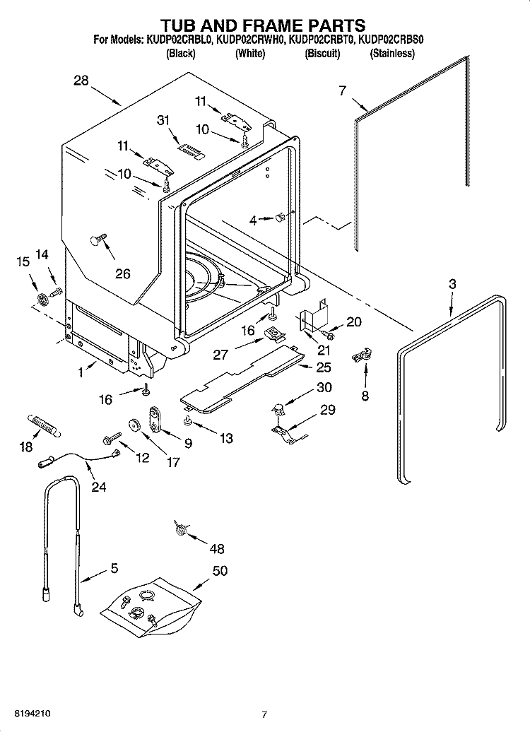 TUB AND FRAME PARTS Diagram and Parts List for KUDP02CRBT0  KitchenAid Dishwasher