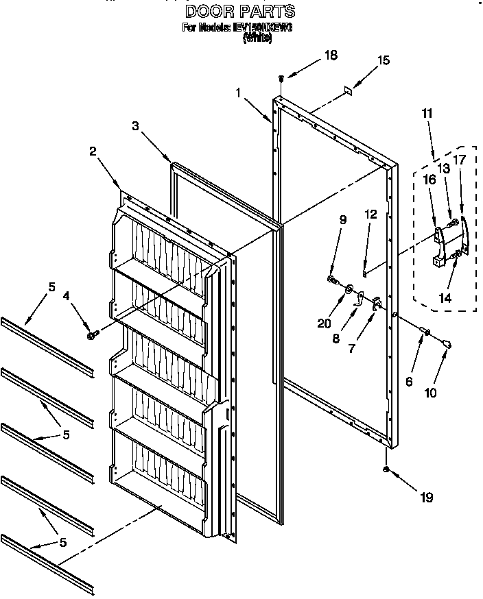 Door Diagram and Parts List for EV150NXEW00  Whirlpool Freezer