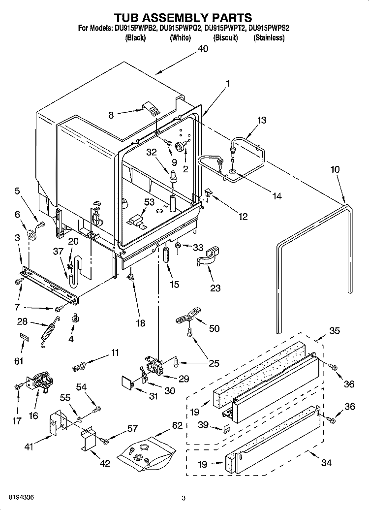 TUB ASSEMBLY PARTS Diagram and Parts List for DU915PWPT2  Whirlpool Dishwasher