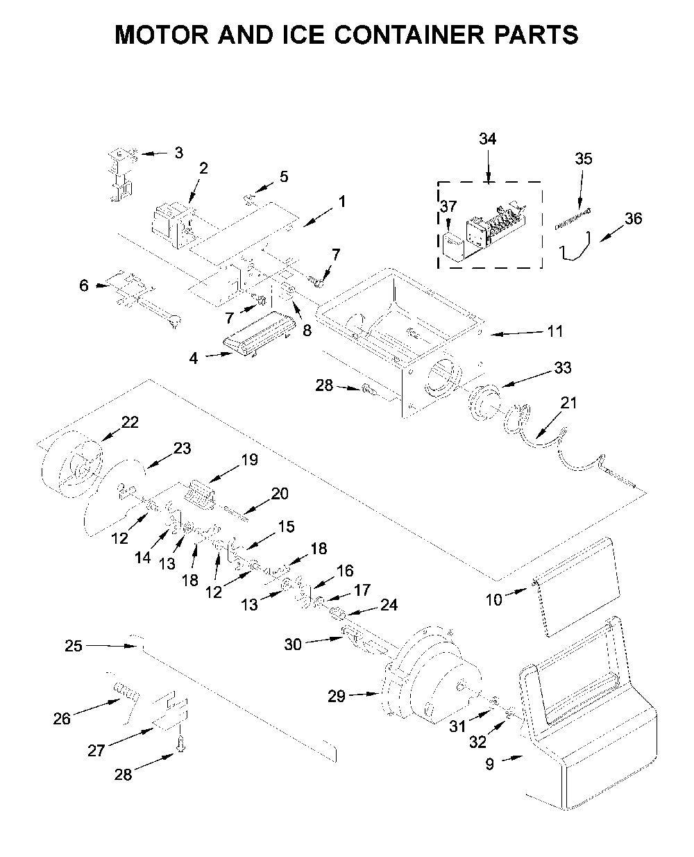 Motor and ice container parts Diagram and Parts List for 10651113710  Kenmore Refrigerator