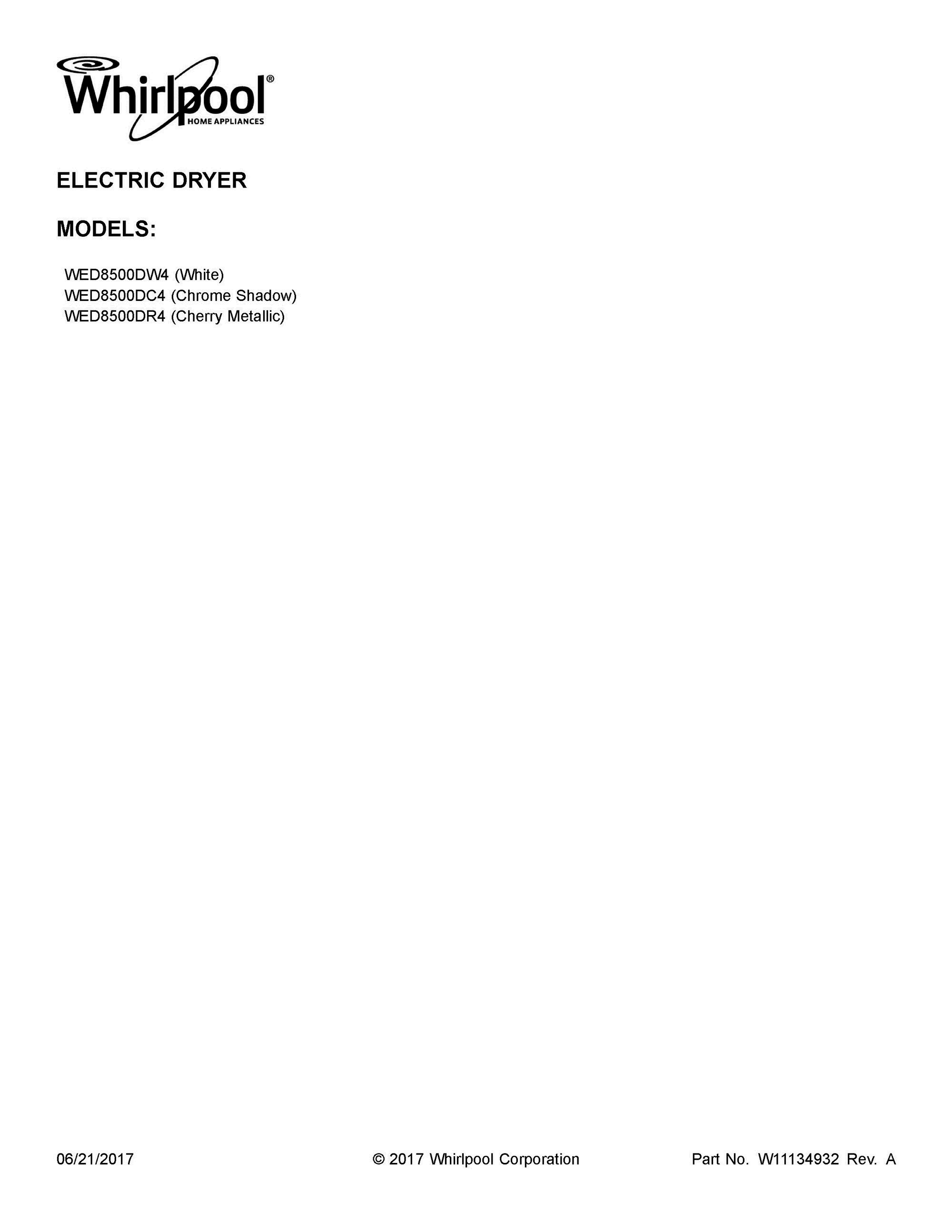 01 - COVER SHEET Diagram and Parts List for WED8500DR4  Whirlpool Washer