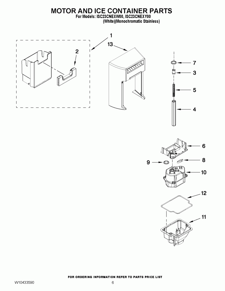 MOTOR AND ICE CONTAINER PARTS Diagram and Parts List for ISC23CNEXW00  Whirlpool Refrigerator