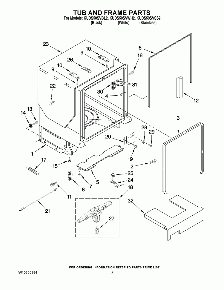 TUB AND FRAME PARTS Diagram and Parts List for KUDS50SVBL2  KitchenAid Dishwasher