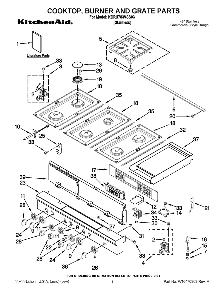 COOKTOP, BURNER AND GRATE PARTS Diagram and Parts List for KDRU783VSS03  KitchenAid Range