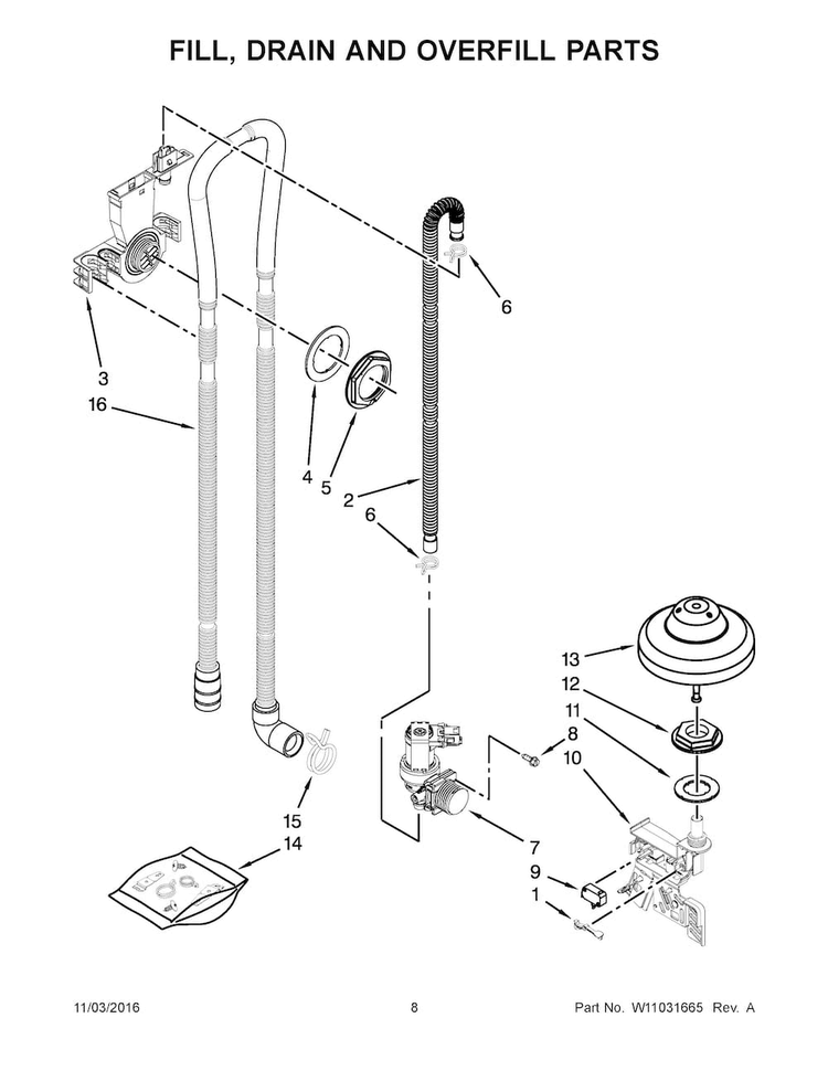 Fill, Drain And Overfill Parts Diagram and Parts List for KDTE204EPA3  KitchenAid Dishwasher