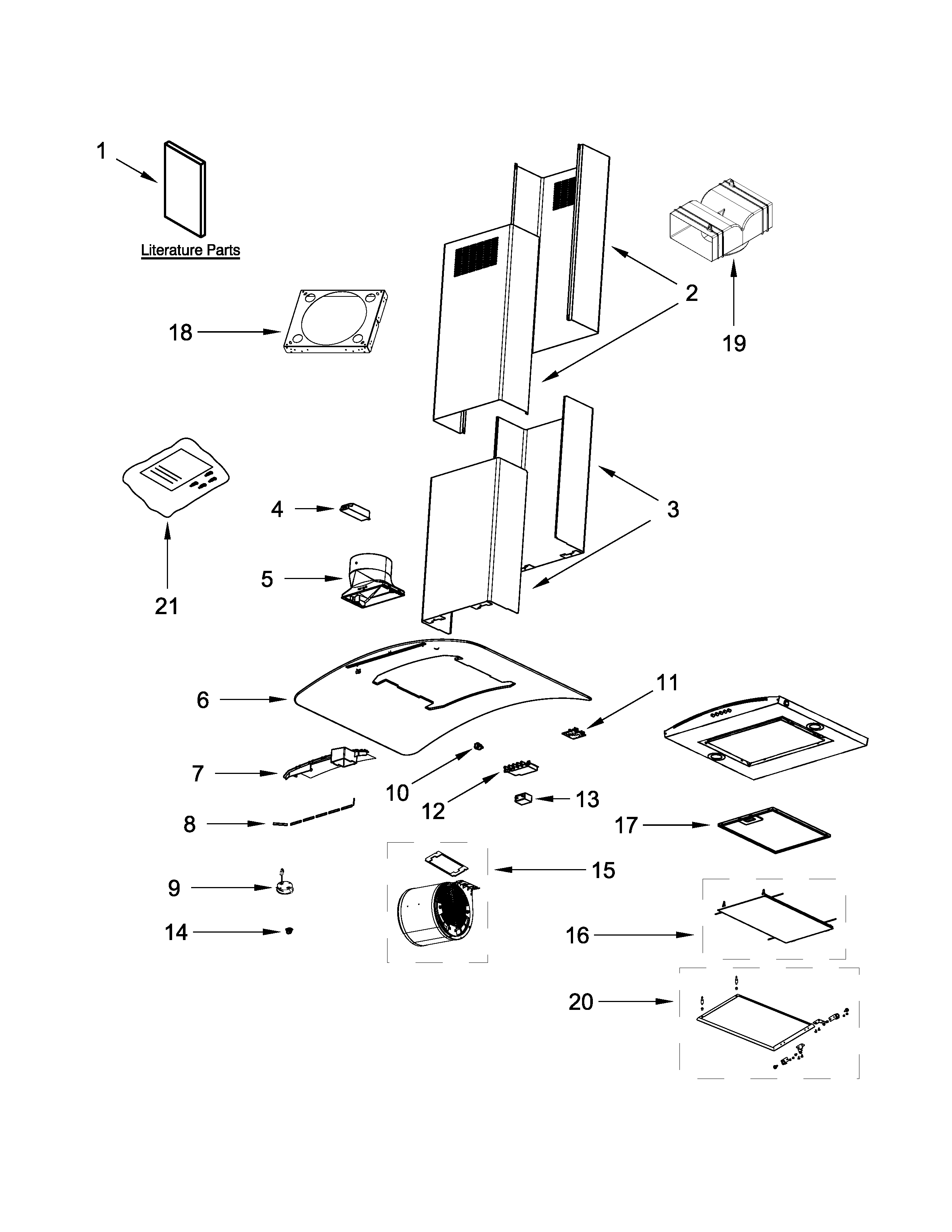 Hood Parts Diagram and Parts List for IHI75UC6FS0  Whirlpool Range Hood
