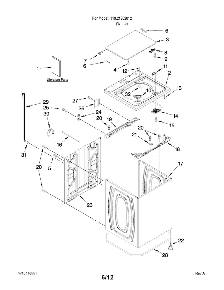 Top And Cabinet Parts Diagram and Parts List for 11021302012  Kenmore Washer