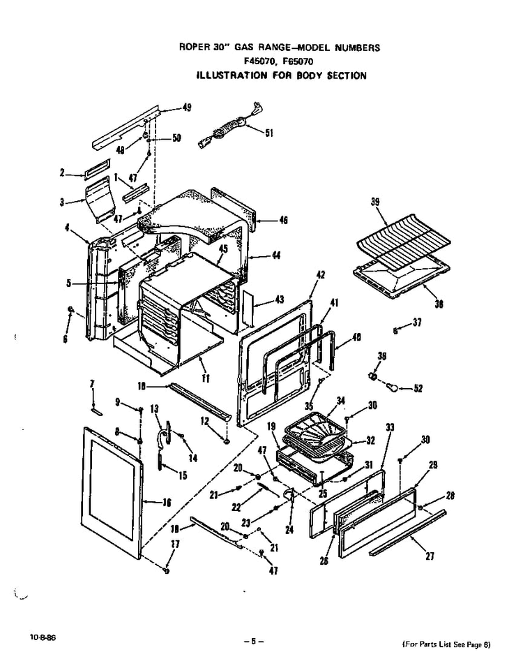 Body Diagram and Parts List for F6507*0  Roper Range