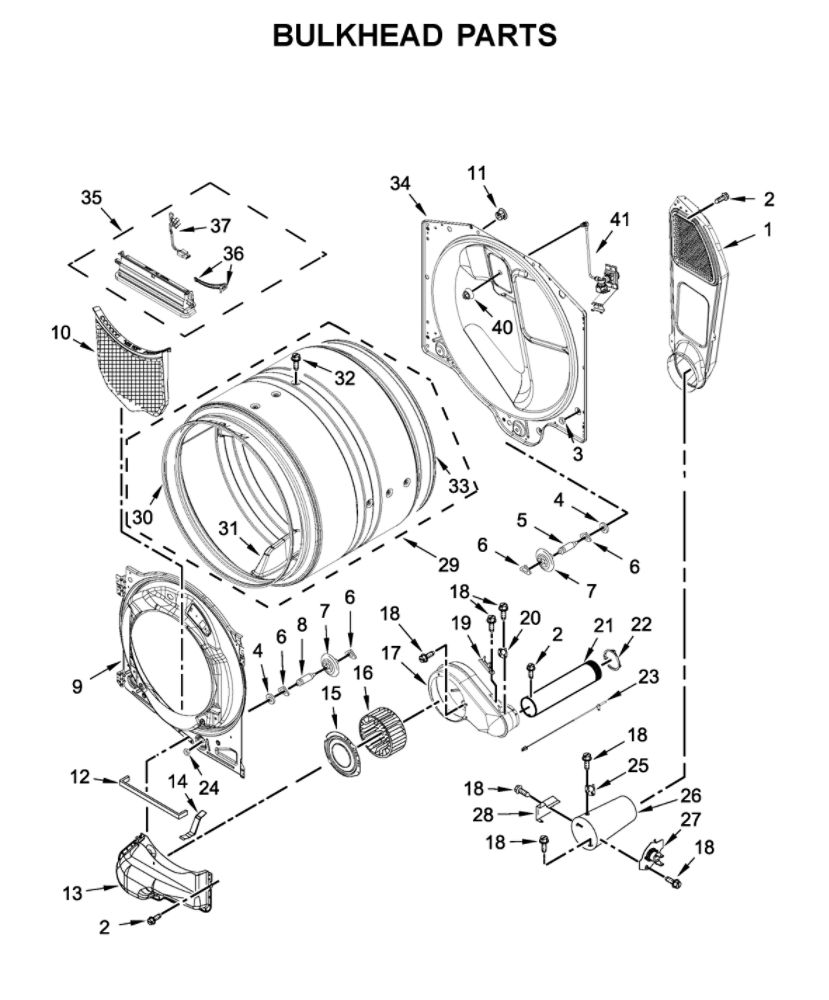 Bulkhead Parts Diagram and Parts List for WGD5620HW0  Whirlpool Dryer
