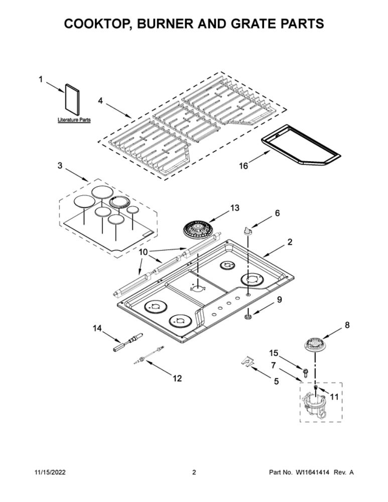 Cooktop, Burner And Grate Parts Diagram and Parts List for WCG97US6HS05  Whirlpool Cooktop