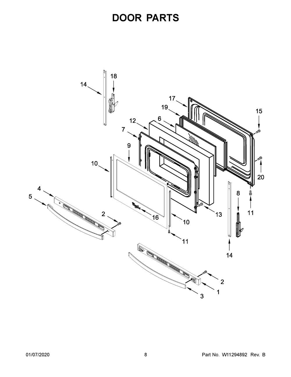 Door Parts Diagram and Parts List for WFE550S0HV1  Whirlpool Range