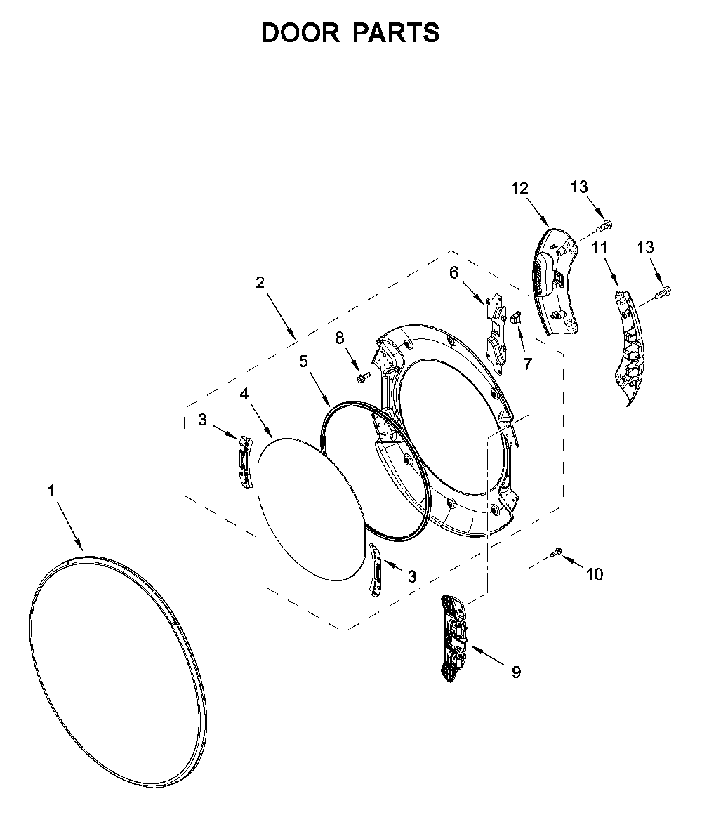 Door parts Diagram and Parts List for 8TWGD8620HW0  Whirlpool Dryer