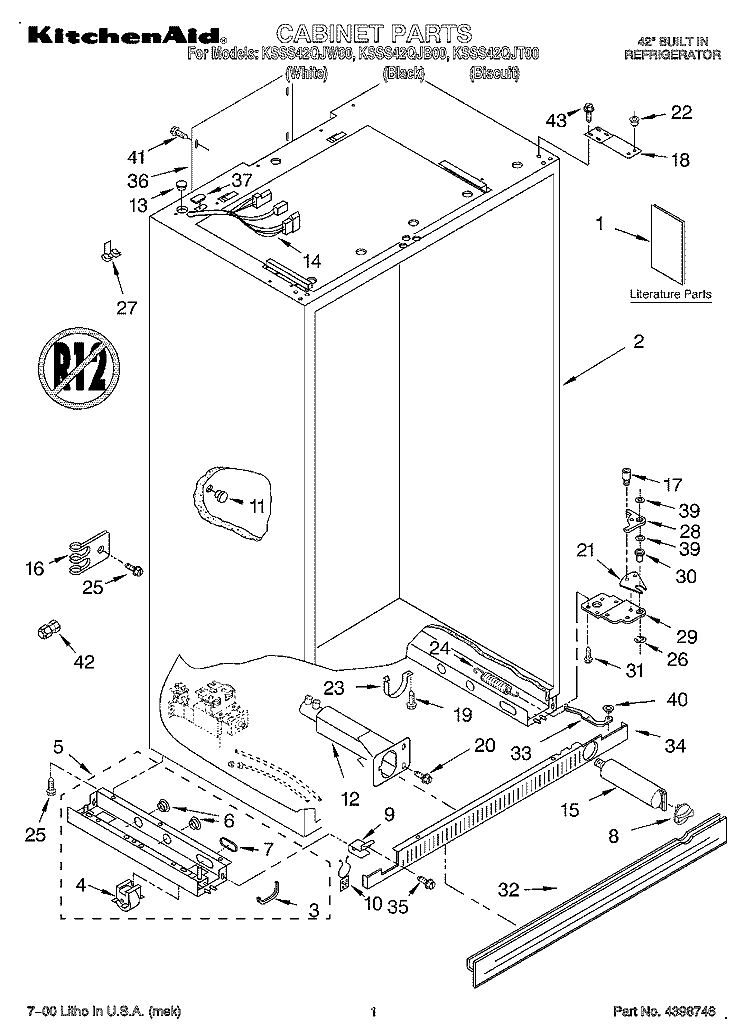 CABINET, LITERATURE Diagram and Parts List for KSSS42QJT00  KitchenAid Refrigerator