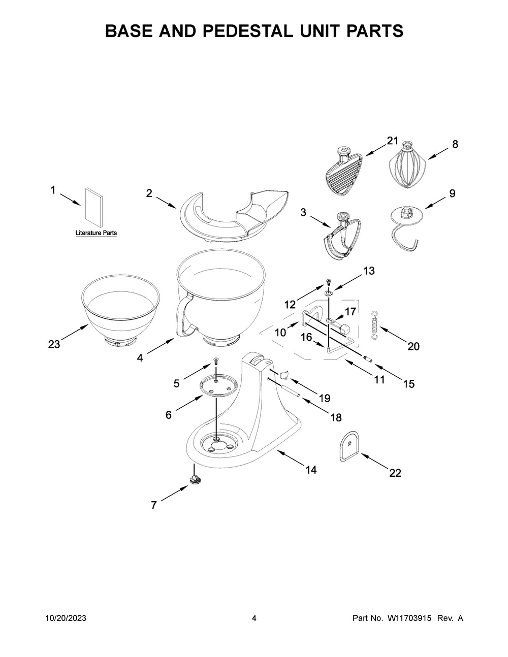 Base And Pedestal Unit Parts Diagram and Parts List for 5KSM195PSEOA5  KitchenAid Mixer