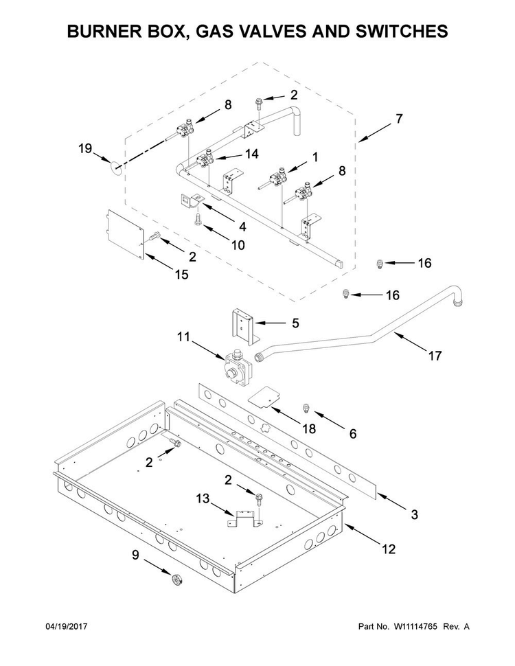 Burner Box, Gas Valves And Switches Diagram and Parts List for KDRS407VBK01  KitchenAid Range
