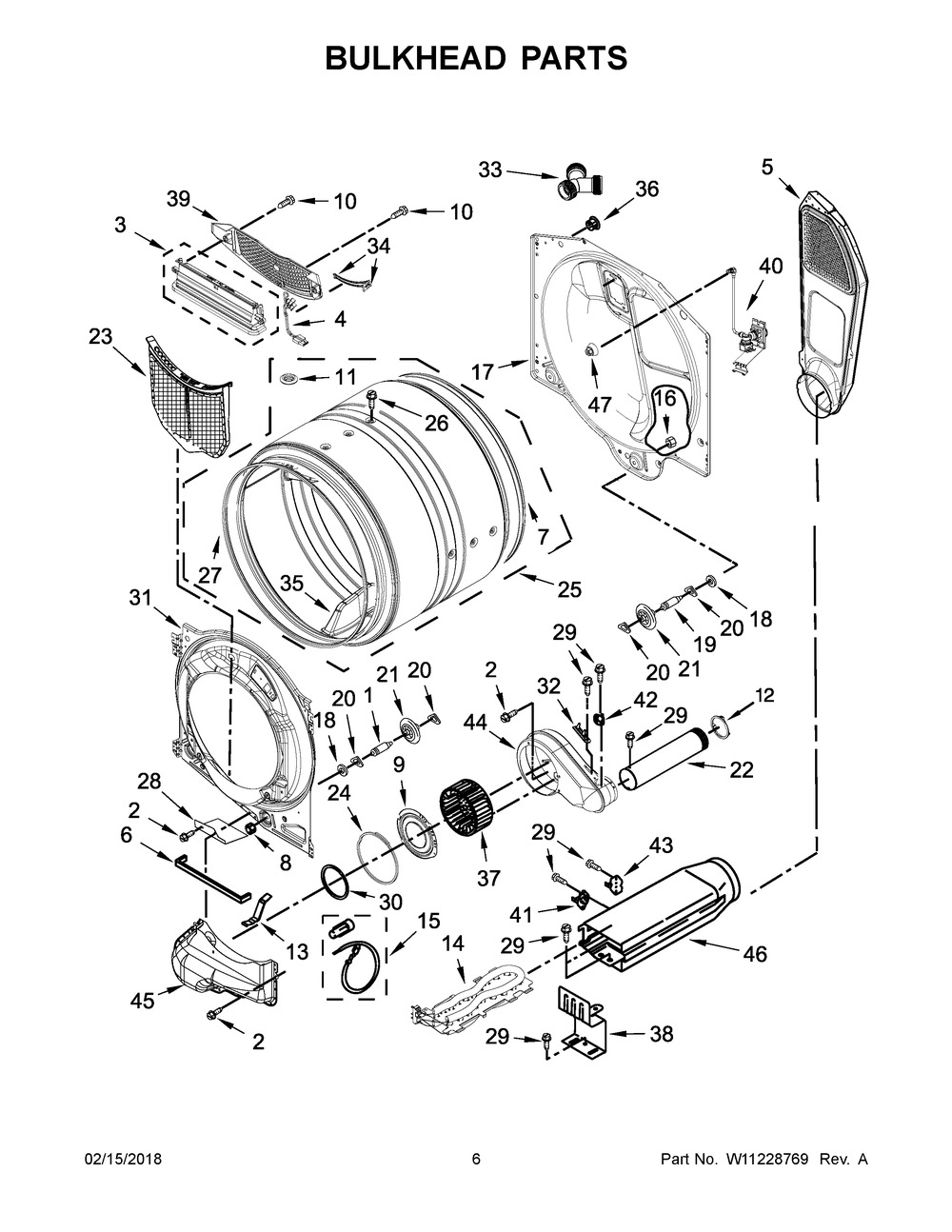 Bulkhead Parts Diagram and Parts List for YWED85HEFW2  Whirlpool Dryer
