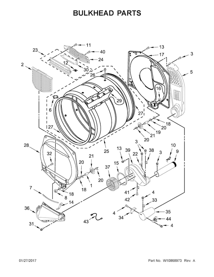 Bulkhead Parts Diagram and Parts List for CGM2765FQ0  Whirlpool Dryer