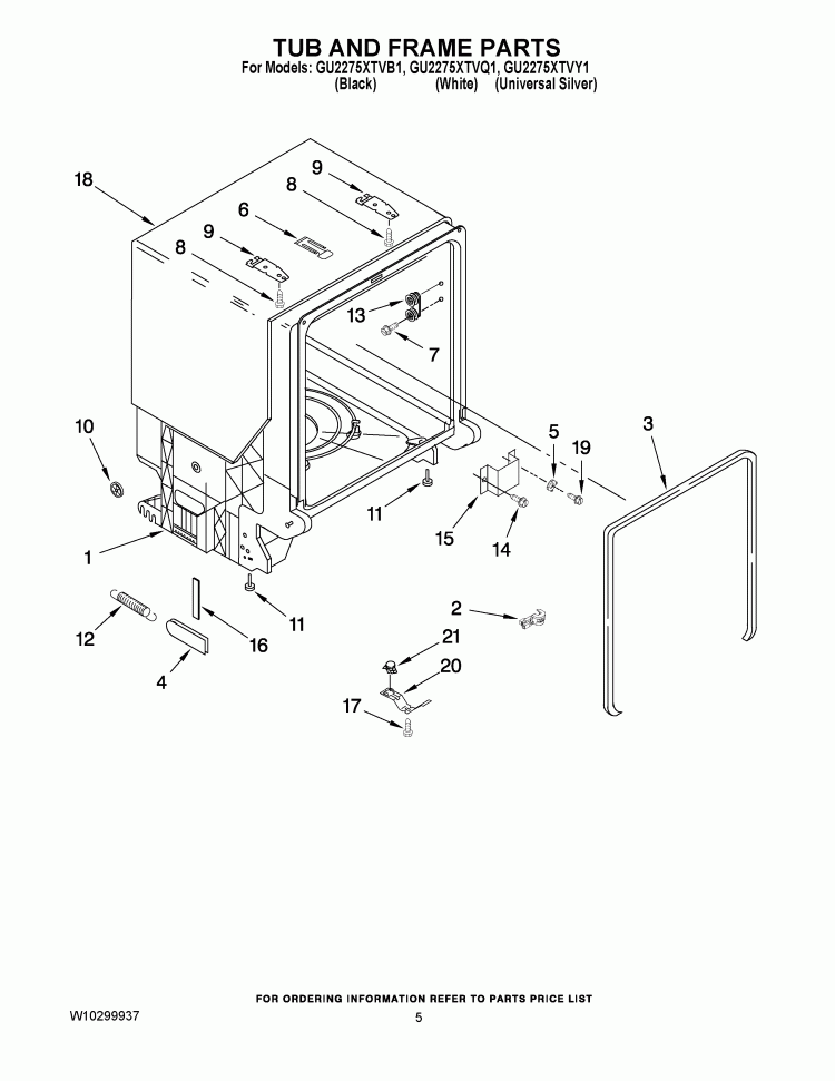 TUB AND FRAME PARTS Diagram and Parts List for GU2275XTVB1  Whirlpool Dishwasher