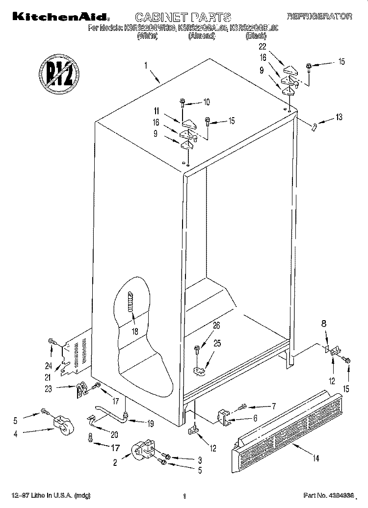 CABINET Diagram and Parts List for KSRS22QGBL00  KitchenAid Refrigerator