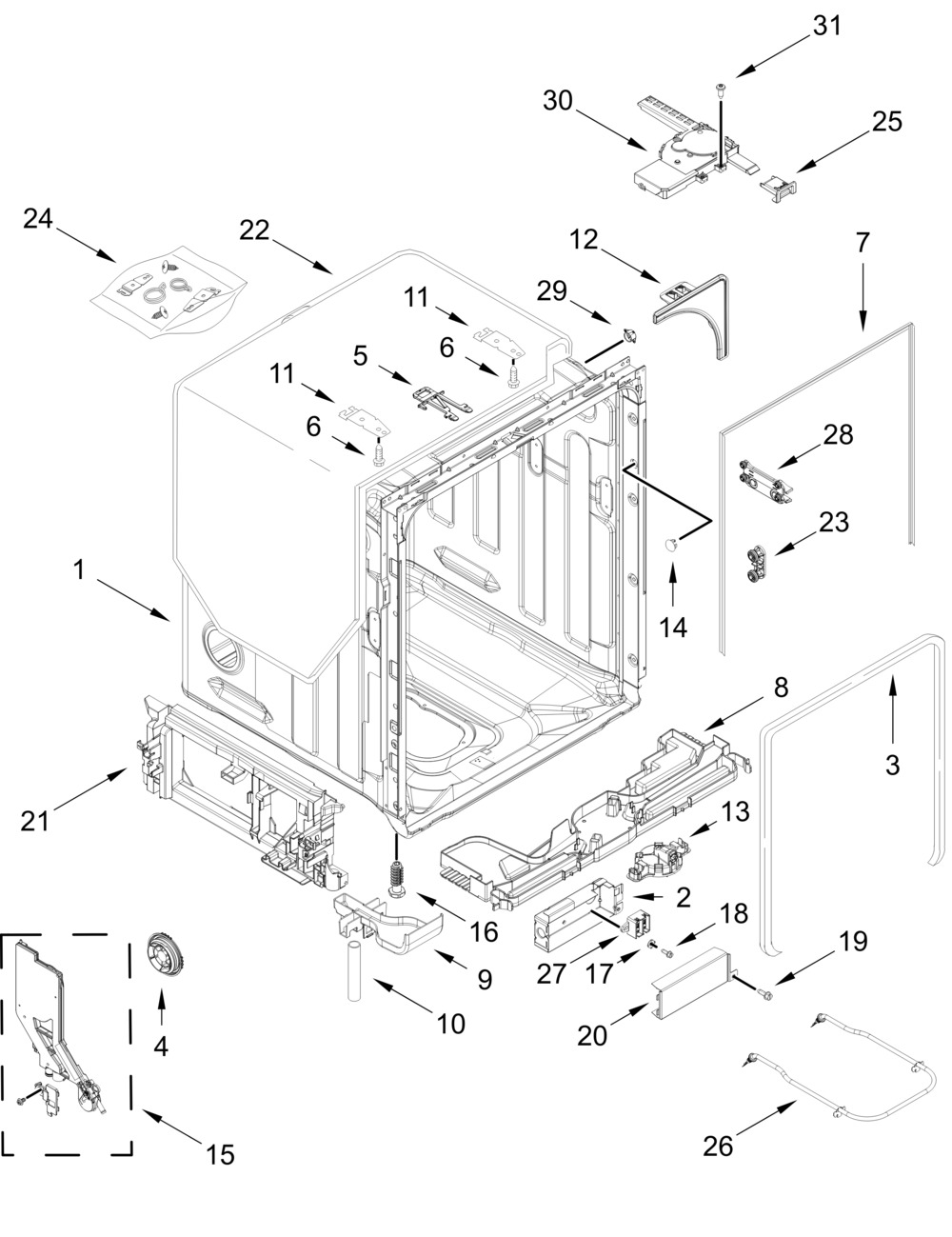 Tub And Frame Parts Diagram and Parts List for KDFS224SPS0  Whirlpool Dishwasher