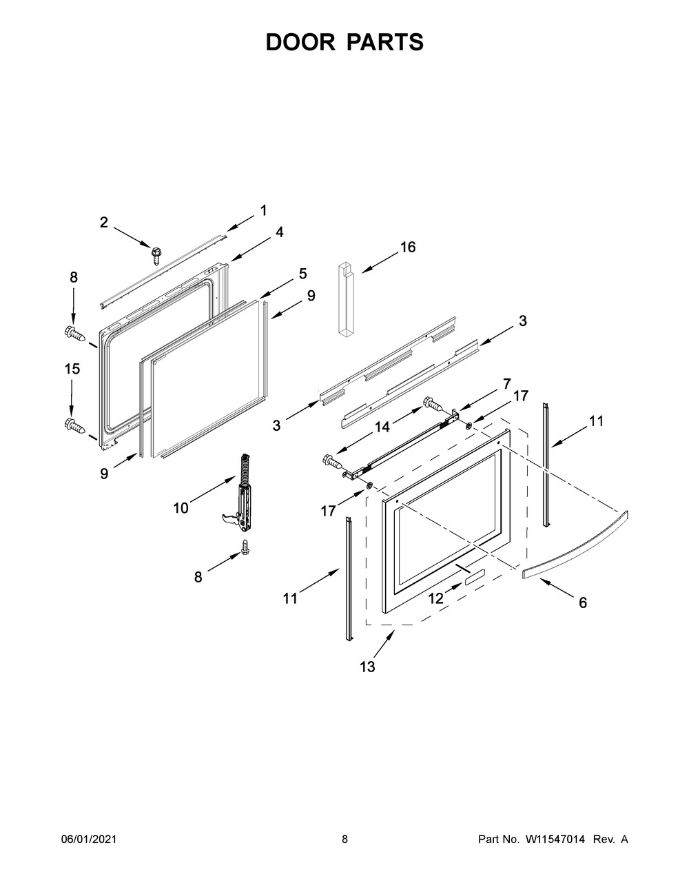 Door Parts Diagram and Parts List for WEG750H0HV1  Whirlpool Range