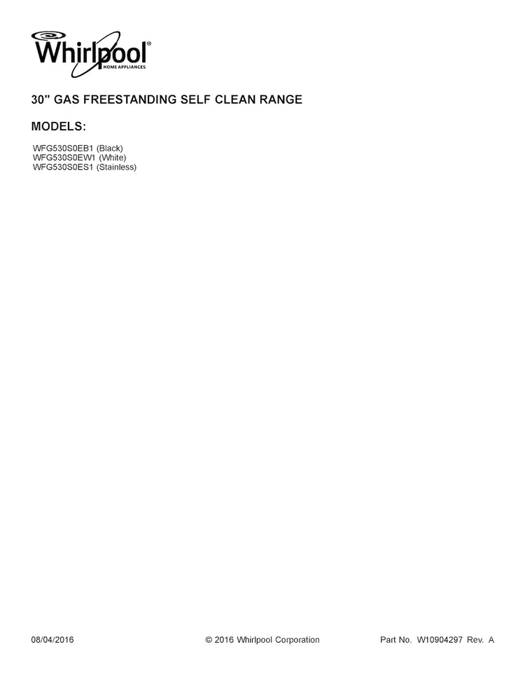 Cover Sheet Diagram and Parts List for WFG530S0ES1  Whirlpool Range