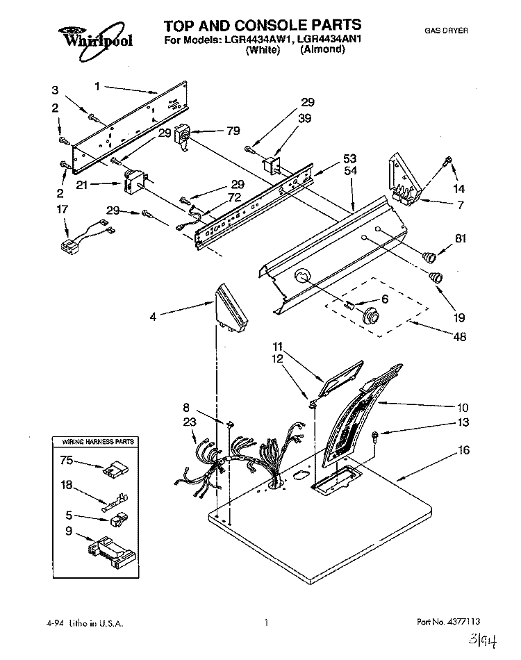 TOP & CONSOLE, LIT/OPTIONAL Diagram and Parts List for LGR4434AW1  Whirlpool Dryer