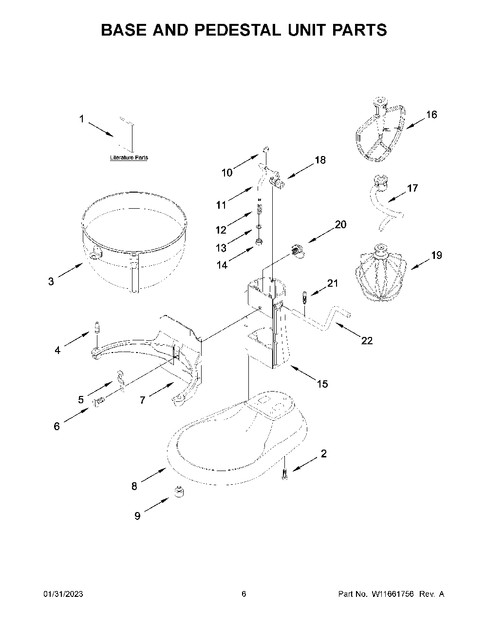 Base And Pedestal Unit Parts Diagram and Parts List for 5KSM55SXXWWH0  KitchenAid Mixer