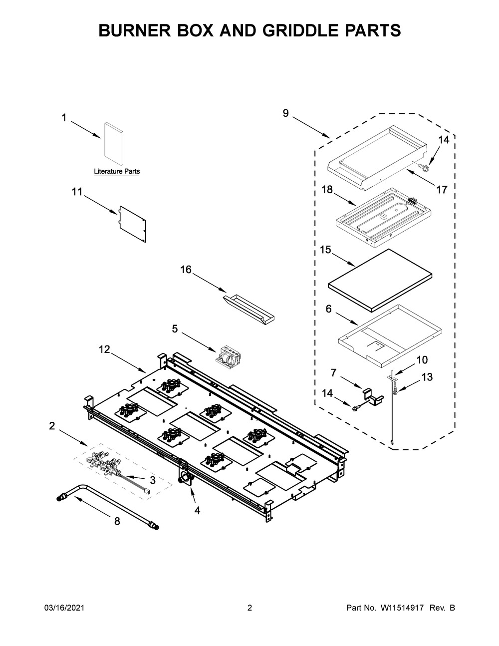 Burner Box And Griddle Parts Diagram and Parts List for JGRP548HL01  Whirlpool Range