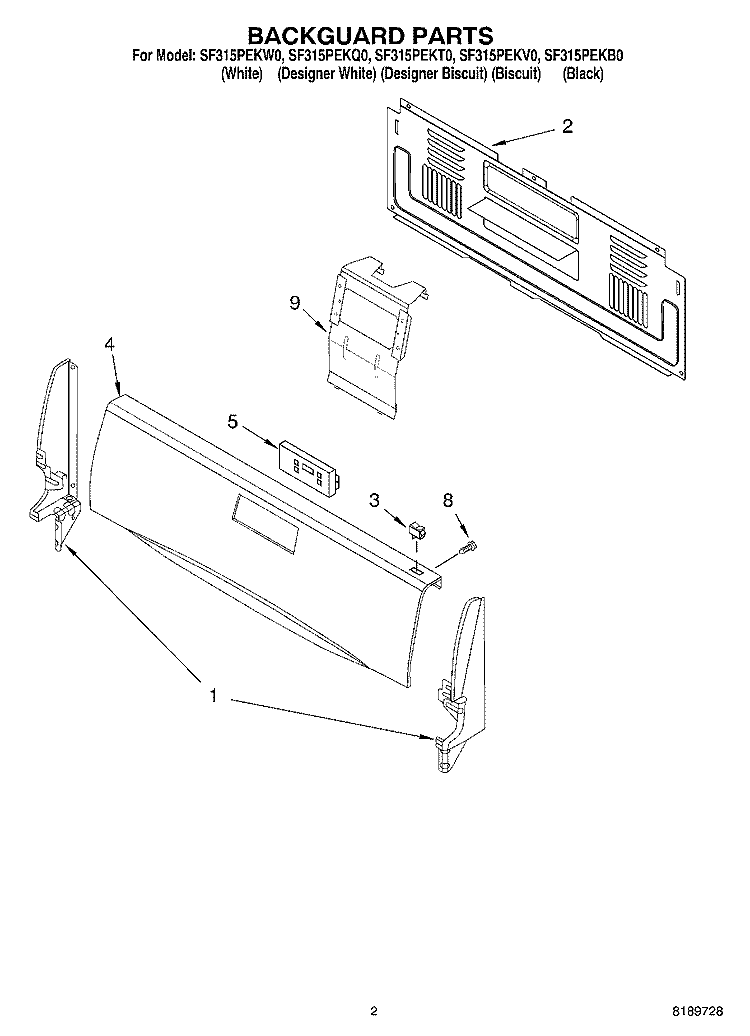 BACKGUARD Diagram and Parts List for SF315PEKW0  Whirlpool Range