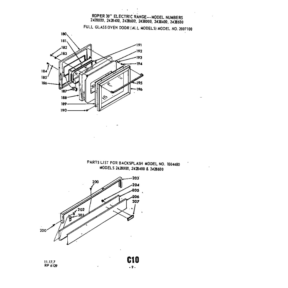 Door And Backsplash Diagram and Parts List for 2428000  Roper Range