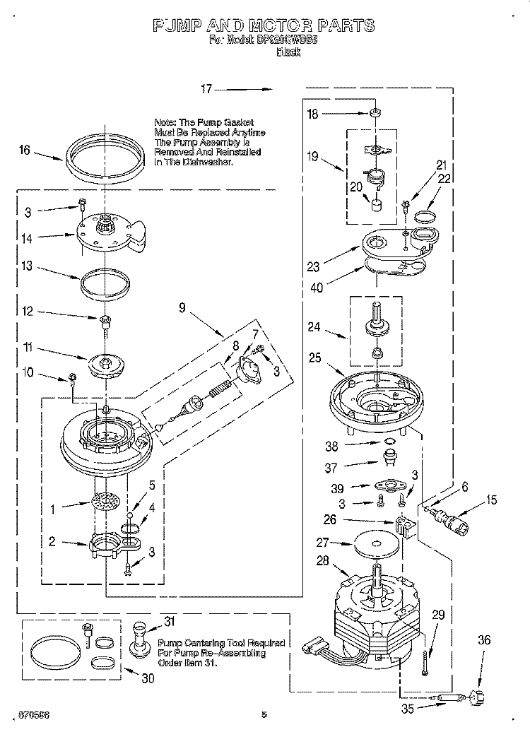 PUMP AND MOTOR Diagram and Parts List for DP920QWDB5  Whirlpool Dishwasher