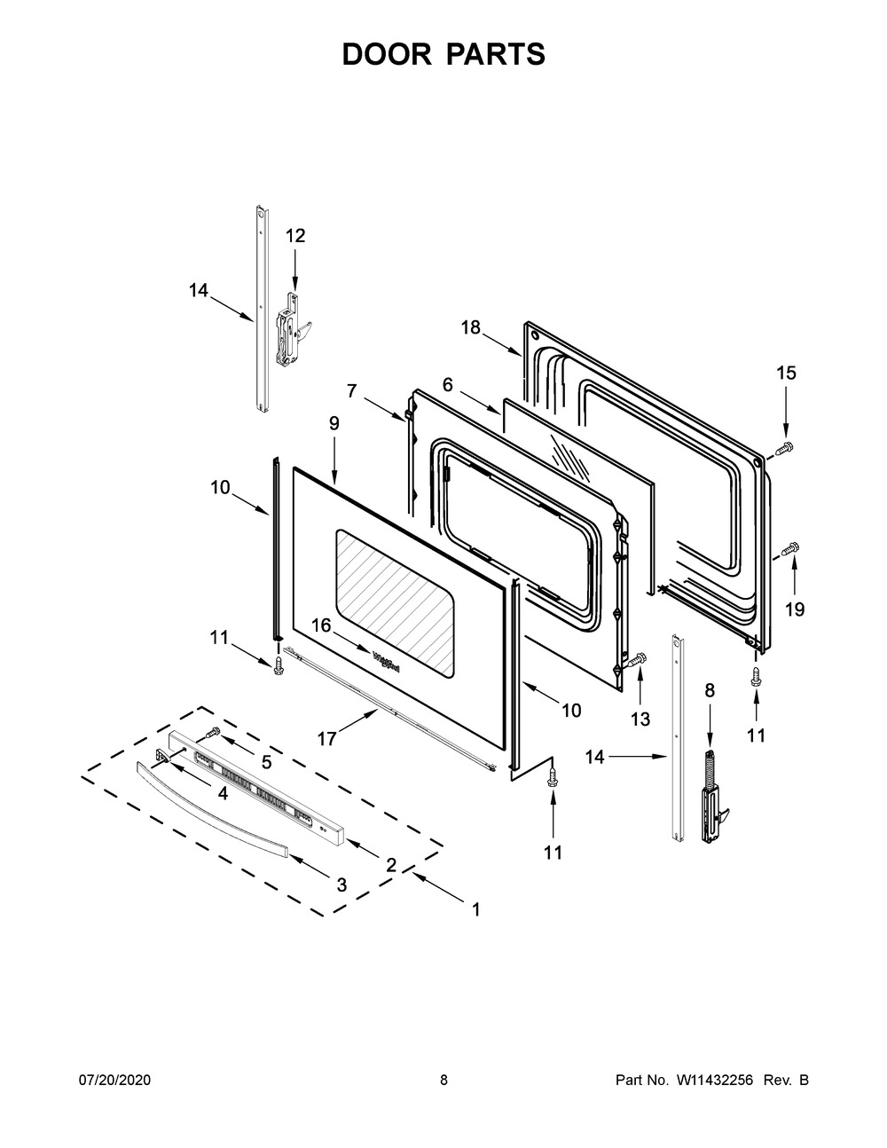 Door Parts Diagram and Parts List for WFE320M0JB0  Whirlpool Range