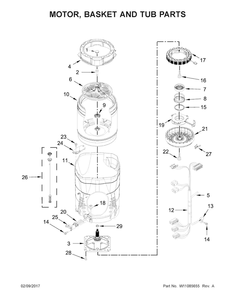 Motor, Basket And Tub Parts Diagram and Parts List for WTW8500DC3  Whirlpool Washer