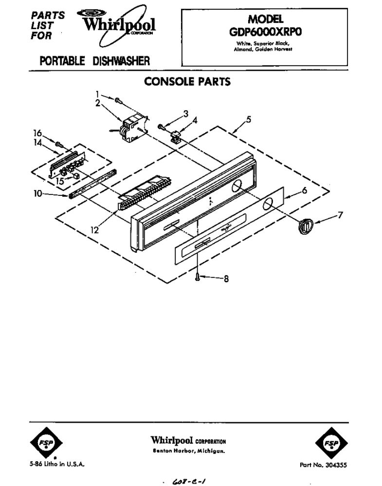 Console Diagram and Parts List for GDP6000XRP0  Whirlpool Dishwasher