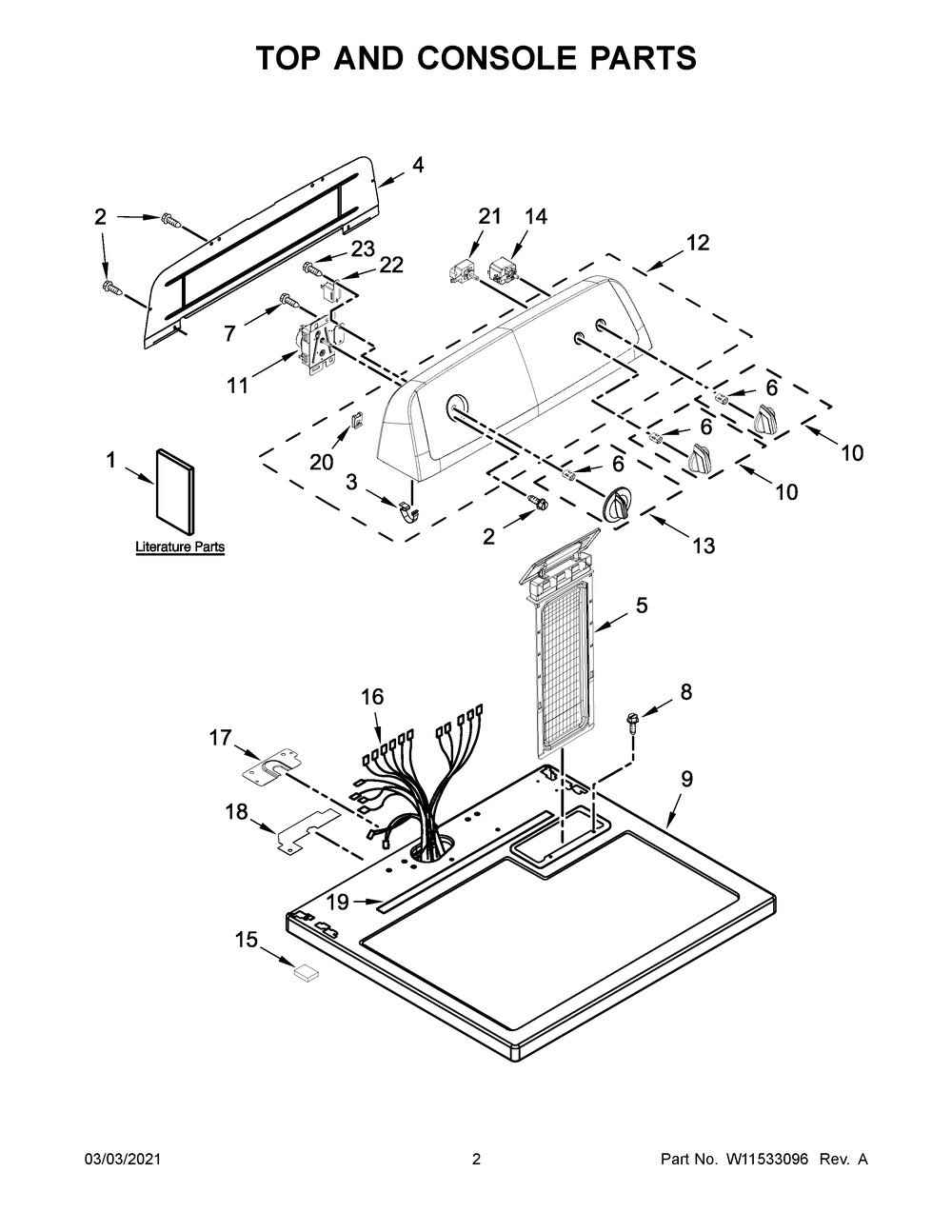 Top And Console Parts Diagram and Parts List for WGD4616FW2  Whirlpool Dryer