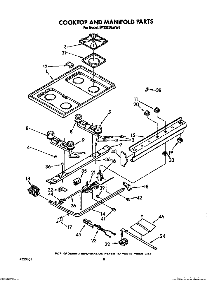 COOKTOP AND MANIFOLD, LIT/OPTIONAL Diagram and Parts List for SF332BEWN0  Whirlpool Range