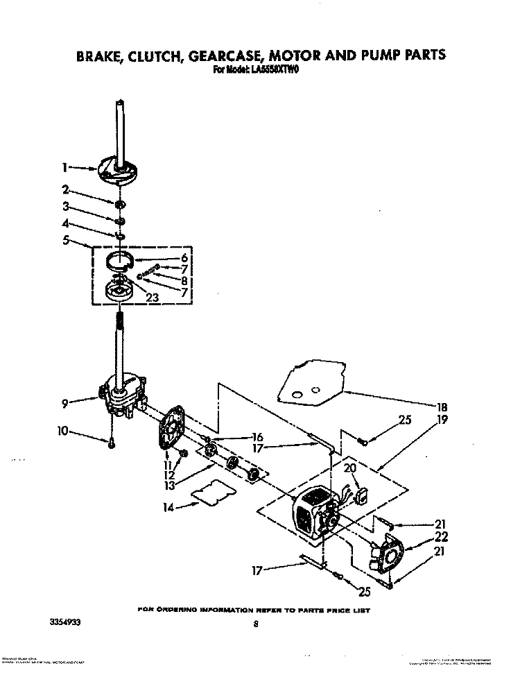 BRAKE, CLUTCH, GEARCASE, MOTOR AND PUMP Diagram and Parts List for LA5558XTF0  Whirlpool Washer