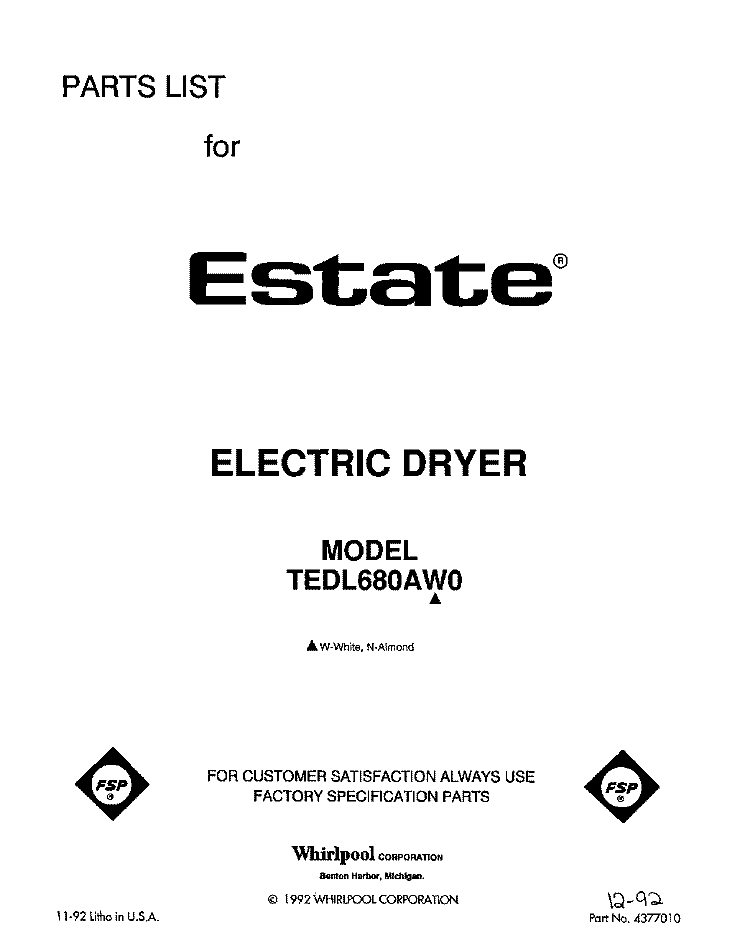SECTION Diagram and Parts List for TEDL680AW0  Whirlpool Dryer