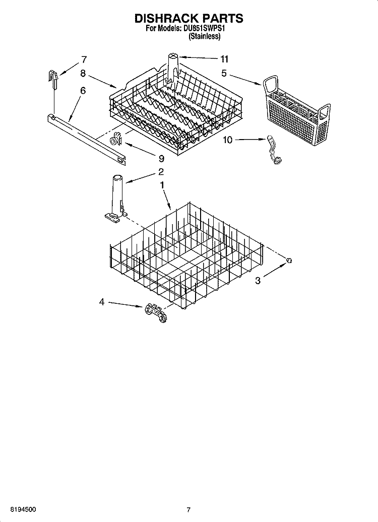 DISHRACK PARTS, OPTIONAL PARTS Diagram and Parts List for DU851SWPS1  Whirlpool Dishwasher