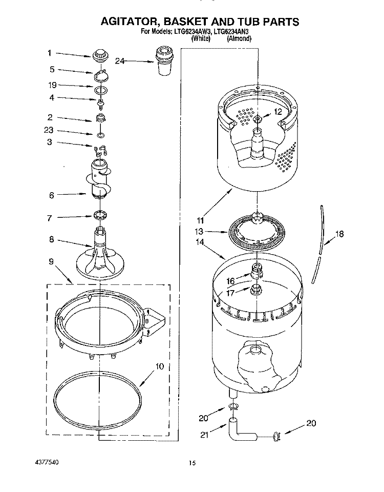 AGITATOR, BASKET AND TUB Diagram and Parts List for LTG6234AN3  Whirlpool Washer Dryer Combo