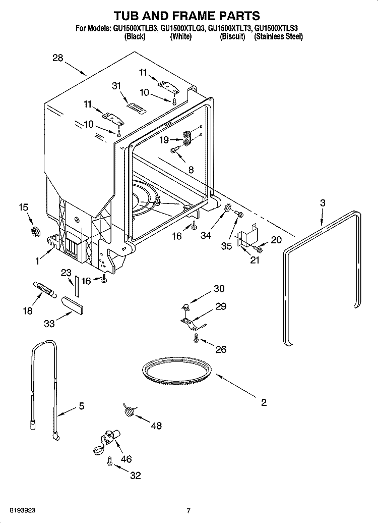 TUB AND FRAME PARTS Diagram and Parts List for GU1500XTLQ3  Whirlpool Dishwasher