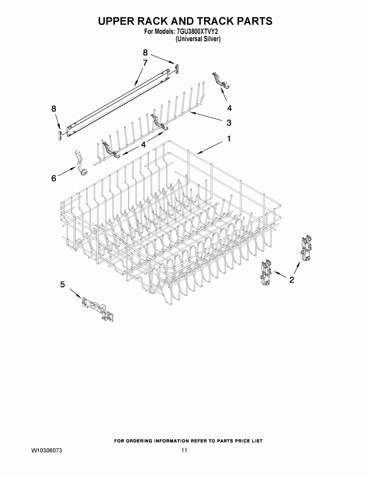 UPPER RACK AND TRACK PARTS Diagram and Parts List for 7GU3800XTVY2  Whirlpool Dishwasher