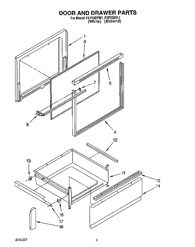 DOOR AND DRAWER, LIT/OPTIONAL Diagram and Parts List for FEP330YW1  Roper Range