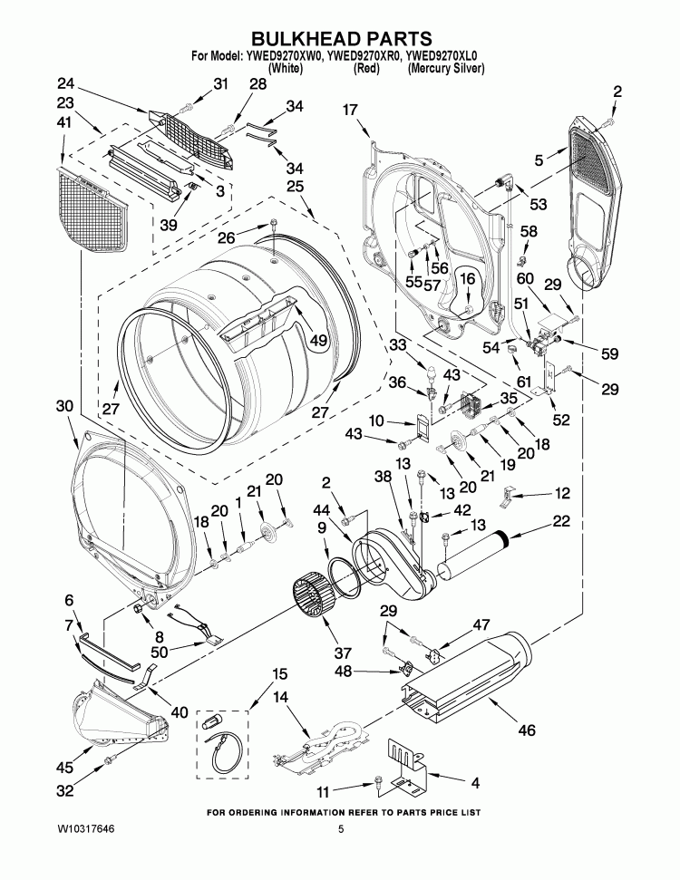 BULKHEAD PARTS Diagram and Parts List for YWED9270XL0  Whirlpool Dryer